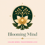 Blooming Mind logo featuring a golden lotus flower with flourishing leaves inside an emerald green circular emblem, symbolizing emotional healing, personal growth, psychological wellbeing, transformation, and holistic mental health care.