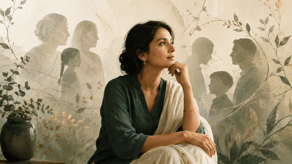 Indian woman reflecting on family patterns, intergenerational trauma and nervous-system healing in Borderline Personality Disorder.