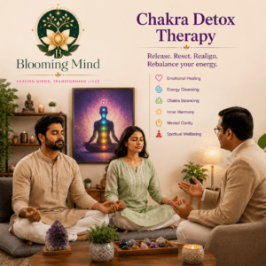 Chakra Detox Therapy session at Blooming Mind featuring a therapist guiding a couple through chakra balancing, energy cleansing, emotional healing, and spiritual wellbeing practices to restore inner harmony and mental clarity.