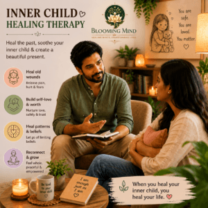 A clinical psychologist is conducting an Inner Child Healing Therapy session with a client at Blooming Mind in Pune, helping heal childhood wounds, emotional trauma, limiting beliefs, and self-worth challenges through compassionate psychotherapy.