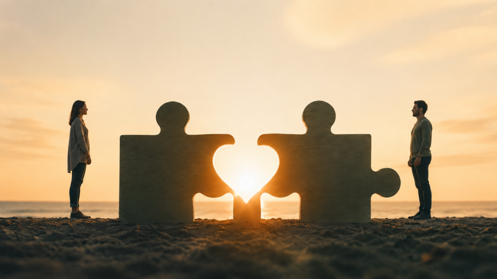 Two people beside interlocking puzzle pieces illustrating how attachment styles influence connection, relationships and emotional patterns.